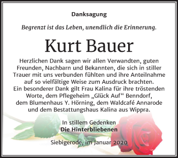 Traueranzeige von Kurt Bauer von Mitteldeutsche Zeitung Mansfelder Land