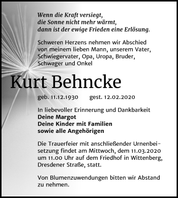 Traueranzeige von Kurt Behncke von Mitteldeutsche Zeitung Wittenberg