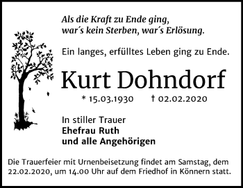 Traueranzeige von Kurt Dohndorf von Super Sonntag Bernburg