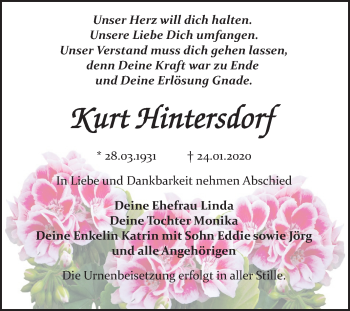 Traueranzeige von Kurt Hintersdorf von Wochenspiegel Bitterfeld