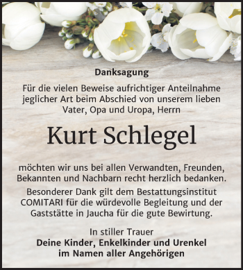 Traueranzeige von Kurt Schlegel von Wochenspiegel Weißenfels