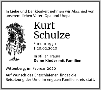 Traueranzeige von Kurt Schulze von Super Sonntag Wittenberg