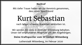 Traueranzeige von Kurt Sebastian von Super Sonntag Wittenberg