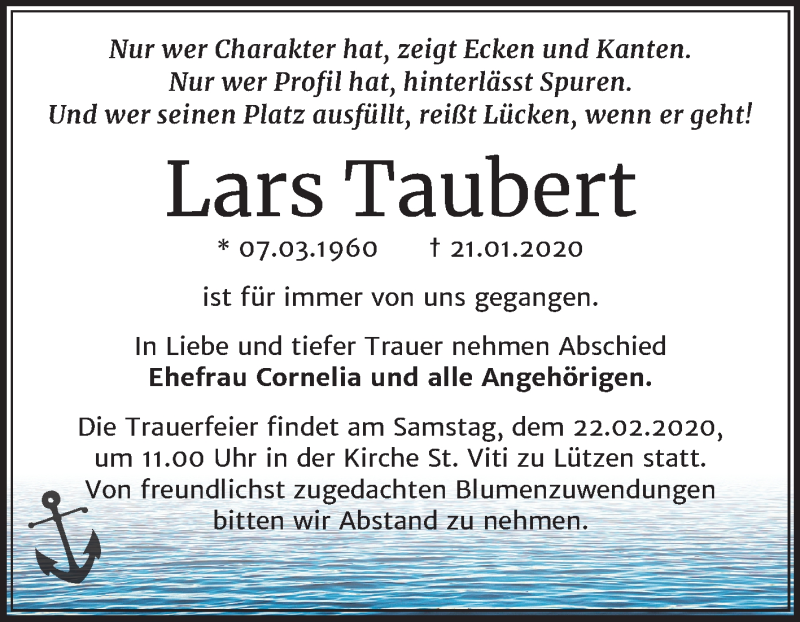  Traueranzeige für Lars Taubert vom 01.02.2020 aus Mitteldeutsche Zeitung Merseburg/Querfurt / Weißenfels