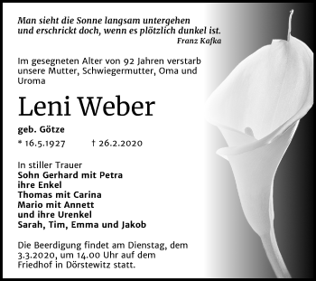 Traueranzeige von Leni Weber von Mitteldeutsche Zeitung Merseburg/Querfurt