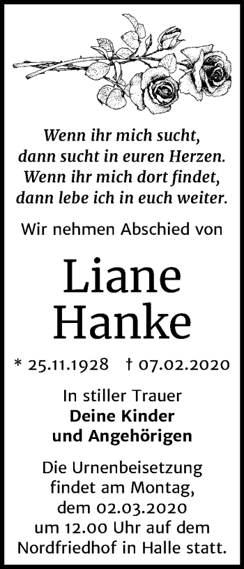 Traueranzeige von Liane Hanke von Mitteldeutsche Zeitung Halle/Saalkreis