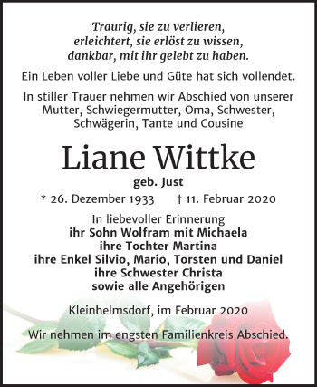 Traueranzeige von Liane Wittke von Super Sonntag Zeitz