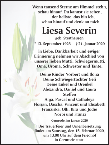 Traueranzeige von Liesa Severin von Super Sonntag Quedlinburg