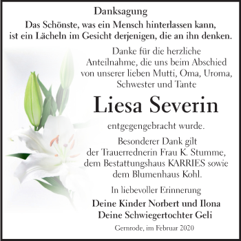 Traueranzeige von Liesa Severin von Super Sonntag Quedlinburg