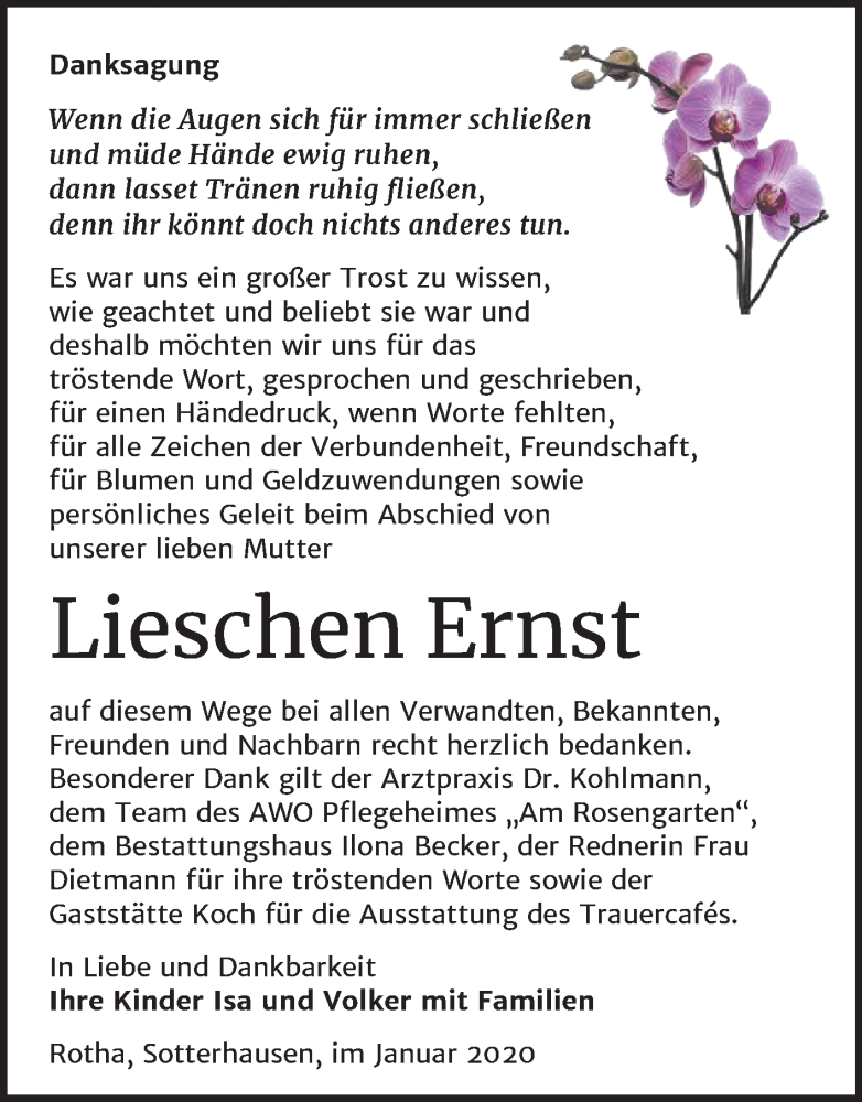  Traueranzeige für Lieschen Ernst vom 08.02.2020 aus Mitteldeutsche Zeitung Sangerhausen