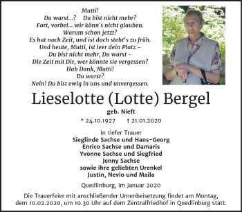 Traueranzeige von Lieselotte Bergel von Super Sonntag Quedlinburg