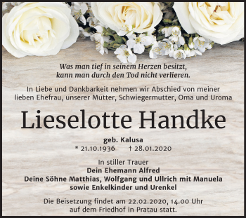 Traueranzeige von Lieselotte Handke von Super Sonntag Wittenberg