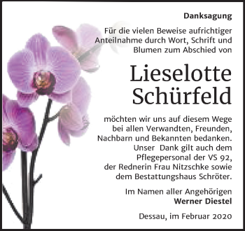 Traueranzeige von Lieselotte Schürfeld von Wochenspiegel Dessau-Roßlau