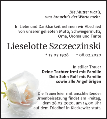 Traueranzeige von Lieselotte Szczeczinski von Wochenspiegel Bitterfeld