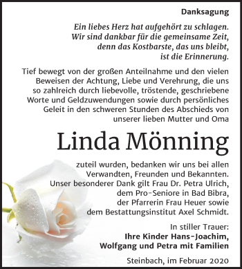 Traueranzeige von Linda Mönning von Wochenspiegel Naumburg/Nebra