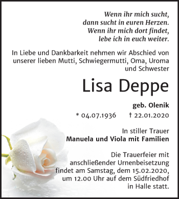 Traueranzeige von Lisa Deppe von Mitteldeutsche Zeitung Halle/Saalkreis