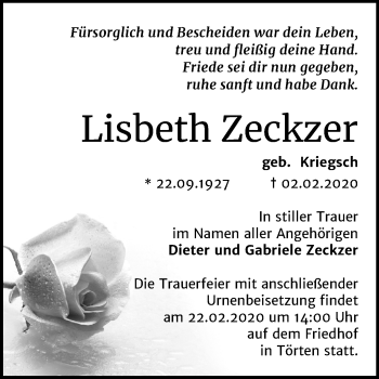 Traueranzeige von Lisbeth Zeckzer von Mitteldeutsche Zeitung Dessau-Roßlau