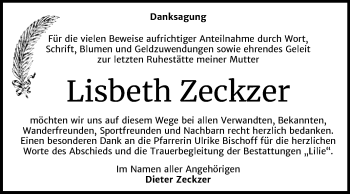 Traueranzeige von Lisbeth Zeckzer von Mitteldeutsche Zeitung Dessau-Roßlau