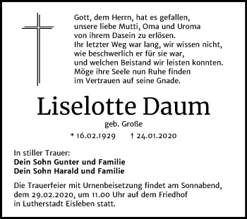 Traueranzeige von Liselotte Daum von Mitteldeutsche Zeitung Mansfelder Land