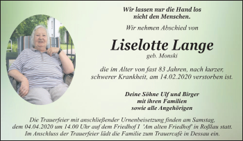 Traueranzeige von Liselotte Lange von Super Sonntag Dessau-Roßlau