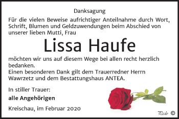Traueranzeige von Lissa Haufe von Mitteldeutsche Zeitung Weißenfels