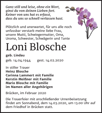 Traueranzeige von Loni Blosche von Mitteldeutsche Zeitung Sangerhausen