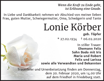 Traueranzeige von Lonie Körber von Wochenspiegel Mansfelder Land