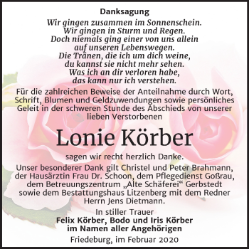 Traueranzeige von Lonie Körber von Mitteldeutsche Zeitung Mansfelder Land