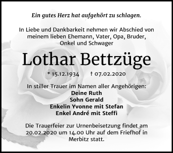 Traueranzeige von Lothar Bettzüge von Mitteldeutsche Zeitung Halle/Saalkreis