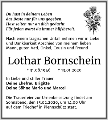Traueranzeige von Lothar Bornschein von Mitteldeutsche Zeitung Weißenfels