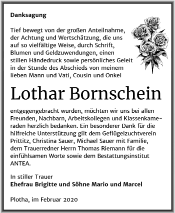 Traueranzeige von Lothar Bornschein von Wochenspiegel Weißenfels