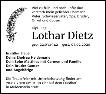 Traueranzeige von Lothar Dietz von Mitteldeutsche Zeitung Bitterfeld