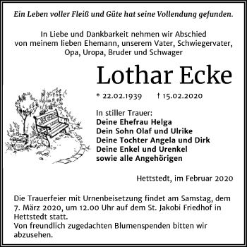Traueranzeige von Lothar Ecke von Mitteldeutsche Zeitung Mansfelder Land