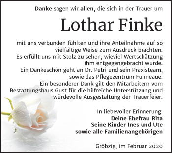 Traueranzeige von Lothar Finke von Mitteldeutsche Zeitung Köthen