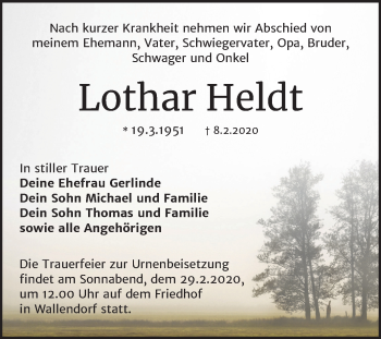 Traueranzeige von Lothar Heldt von Super Sonntag Merseburg/Querfurt