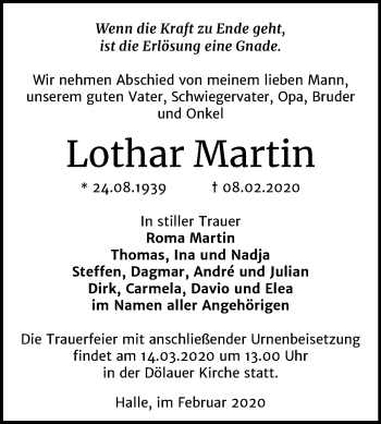 Traueranzeige von Lothar Martin von Mitteldeutsche Zeitung Halle/Saalkreis