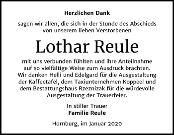Traueranzeige von Lothar Reule von Super Sonntag Mansfelder Land