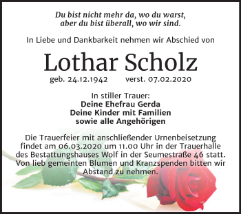 Traueranzeige von Lothar Scholz von Wochenspiegel Weißenfels
