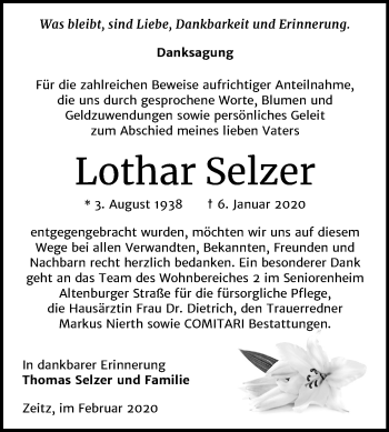 Traueranzeige von Lothar Selzer von Super Sonntag Zeitz