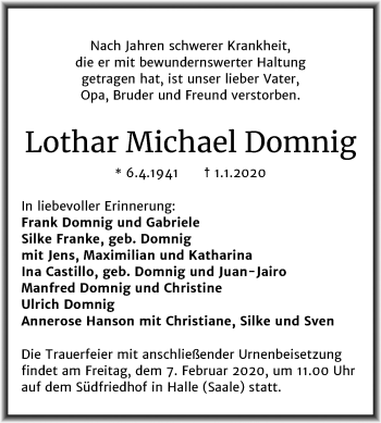 Traueranzeige von Lothar Michael Domnig von Mitteldeutsche Zeitung Halle/Saalkreis