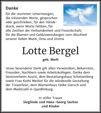 Traueranzeige von Lotte Bergel von Mitteldeutsche Zeitung Quedlinburg