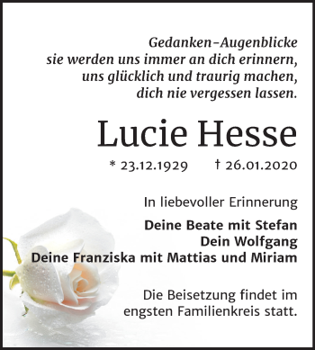 Traueranzeige von Lucie Hesse von Mitteldeutsche Zeitung Wittenberg
