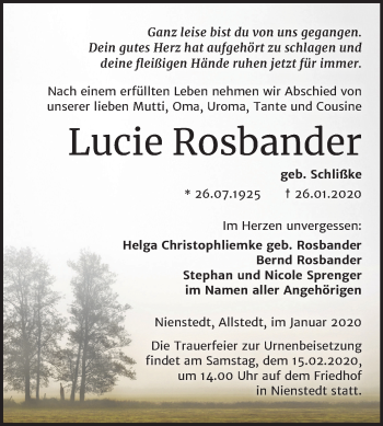 Traueranzeige von Lucie Rosbander von Mitteldeutsche Zeitung Sangerhausen