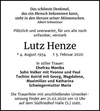 Traueranzeige von Lutz Henze von Mitteldeutsche Zeitung Halle/Saalkreis
