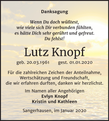 Traueranzeige von Lutz Knopf von Super Sonntag Aschersleben / Sangerhausen