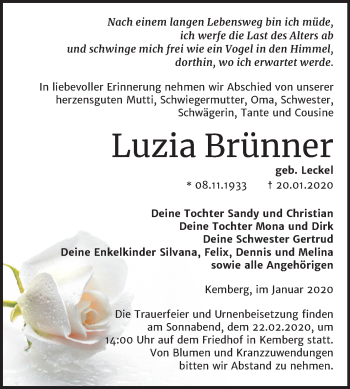 Traueranzeige von Luzia Brünner von Super Sonntag Wittenberg