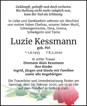 Traueranzeige von Luzie Kessmann von Mitteldeutsche Zeitung Köthen