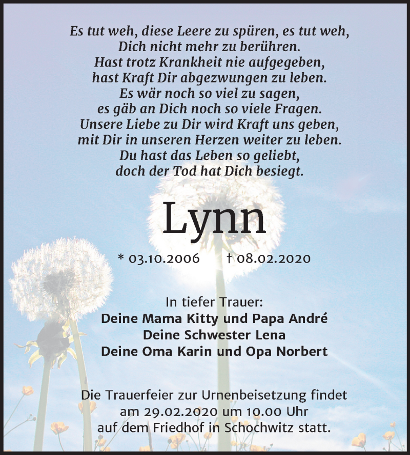 Traueranzeige für Lynn  vom 15.02.2020 aus Mitteldeutsche Zeitung Halle/Saalkreis