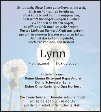 Traueranzeige von Lynn  von Mitteldeutsche Zeitung Halle/Saalkreis