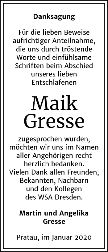 Traueranzeige von Maik Gresse von Mitteldeutsche Zeitung Wittenberg